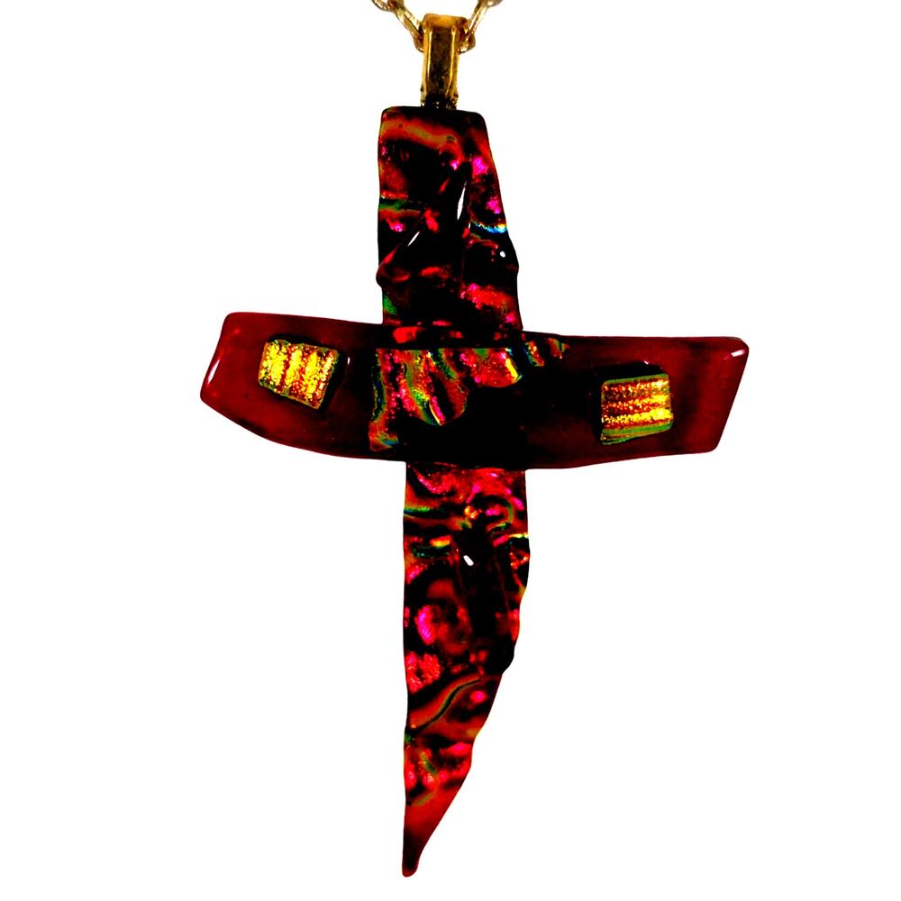 Handcrafted Fused Glass Cross Necklace One-of-a-Kind Dichroic Art Glass Pendant
